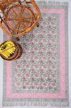 Floral Cotton Dhurrie Modern Area Rug Pink Black Rug Living Area Rug