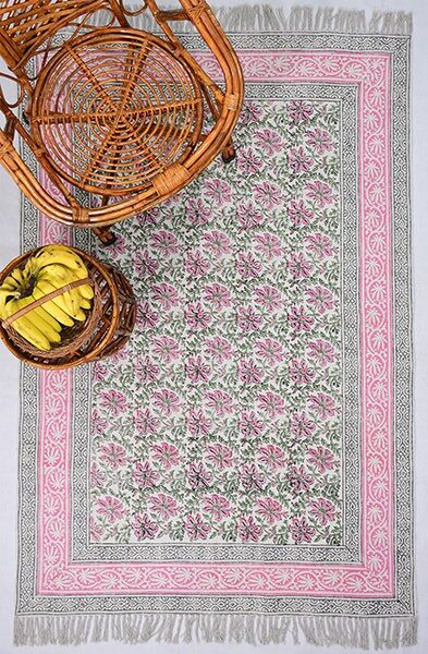 Floral Cotton Dhurrie Modern Area Rug Pink Black Rug Living Area Rug