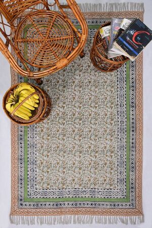 Orange Bordered Cotton Dhurrie Bohemian Modern Area Rug Living Room Rug