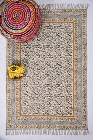 Green Yellow Mustard Rug Cotton Dhurrie Home Décor Area Rug Block Printed Rug