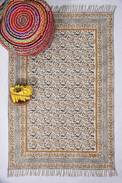 Green Yellow Mustard Rug Cotton Dhurrie Home Décor Area Rug Block Printed Rug