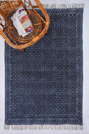 Hand Block Printed Cotton Rug Outdoor Indoor Rug Blue Color Rug Hallway Runner Rug