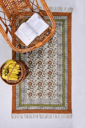 Floral Pattern Rug Entryway Rug Green Orange Rug Bedroom Rug Cotton Dhurrie
