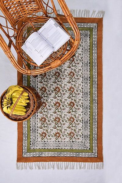 Floral Pattern Rug Entryway Rug Green Orange Rug Bedroom Rug Cotton Dhurrie