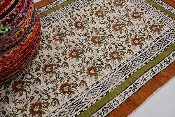 Floral Pattern Rug Entryway Rug Green Orange Rug Bedroom Rug Cotton Dhurrie - Image 3