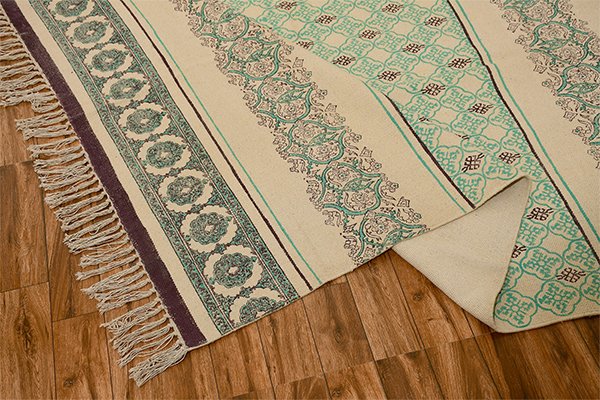 Hand Block Printed Cotton Rug Green Red Rug Bedroom Area Rug Patio decor rug Cotton Dhurrie Moroccan Rug - Image 5