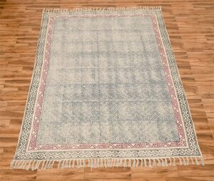 Indian Handmade Geometric Rug Hand Block Print Area Dhurrie Rug Blue Red Rug, Non Slip Block Printed Rug