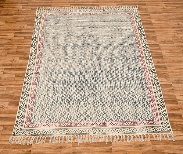 Indian Handmade Geometric Rug Hand Block Print Area Dhurrie Rug Blue Red Rug, Non Slip Block Printed Rug