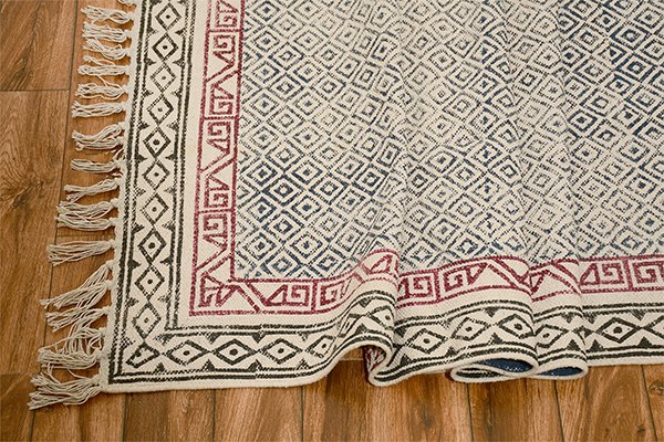 Indian Handmade Geometric Rug Hand Block Print Area Dhurrie Rug Blue Red Rug, Non Slip Block Printed Rug - Image 2