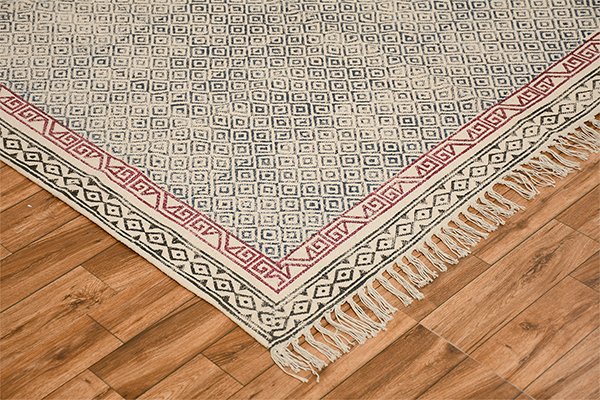 Indian Handmade Geometric Rug Hand Block Print Area Dhurrie Rug Blue Red Rug, Non Slip Block Printed Rug - Image 5