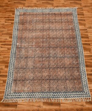 Indian Handmade Blue Brown Dhurrie Block Printed Rug Modern Bathroom Rug Flatweave Rug