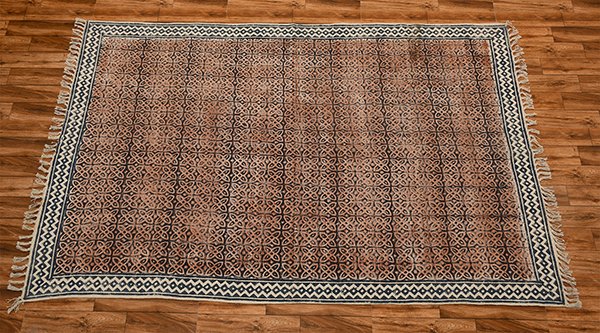 Indian Handmade Blue Brown Dhurrie Block Printed Rug Modern Bathroom Rug Flatweave Rug - Image 2