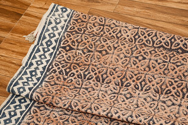 Indian Handmade Blue Brown Dhurrie Block Printed Rug Modern Bathroom Rug Flatweave Rug - Image 3