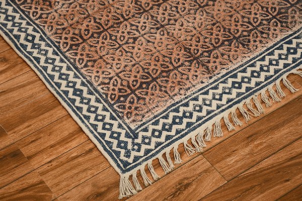 Indian Handmade Blue Brown Dhurrie Block Printed Rug Modern Bathroom Rug Flatweave Rug - Image 4