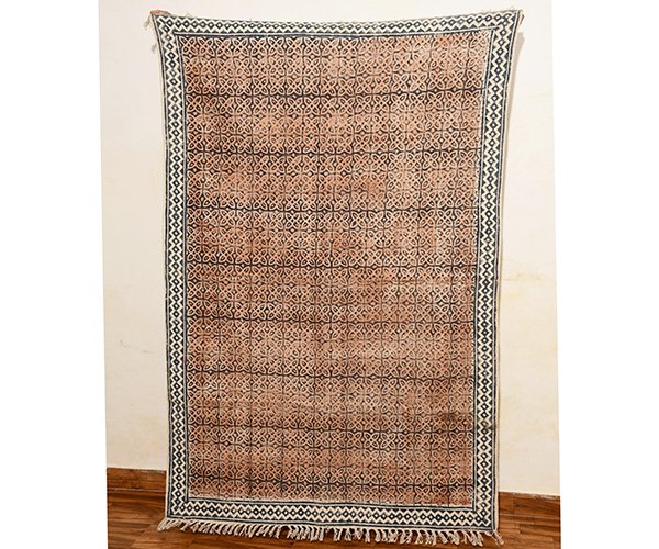 Indian Handmade Blue Brown Dhurrie Block Printed Rug Modern Bathroom Rug Flatweave Rug - Image 5