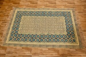 Hand Block Printed Cotton Dhurrie Area Rug Cotton Kilim Throw Rug Blue Yellow Rug Mossy Taupe Rug