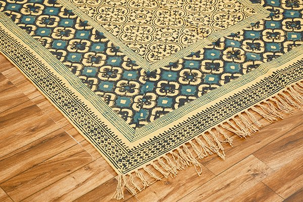 Hand Block Printed Cotton Dhurrie Area Rug Cotton Kilim Throw Rug Blue Yellow Rug Mossy Taupe Rug - Image 2