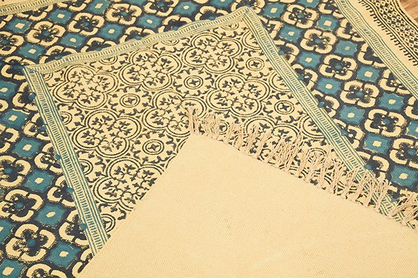 Hand Block Printed Cotton Dhurrie Area Rug Cotton Kilim Throw Rug Blue Yellow Rug Mossy Taupe Rug - Image 3