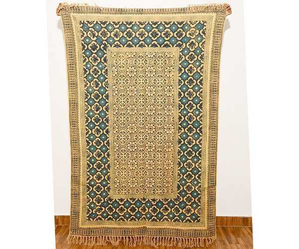 Hand Block Printed Cotton Dhurrie Area Rug Cotton Kilim Throw Rug Blue Yellow Rug Mossy Taupe Rug - Image 4