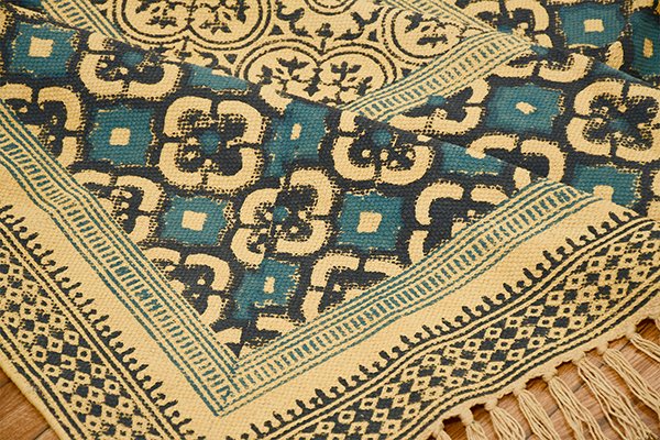 Hand Block Printed Cotton Dhurrie Area Rug Cotton Kilim Throw Rug Blue Yellow Rug Mossy Taupe Rug - Image 5
