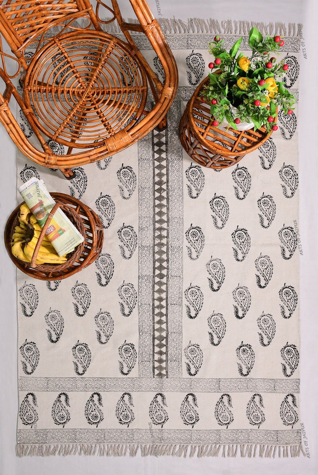 Handmade block printed cotton rug black white rug Living room rug area rug