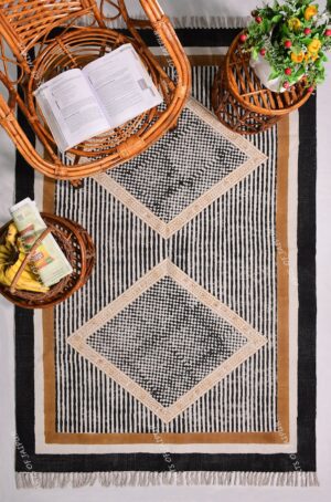 Handmade block printed cotton rug black brown rug Living room rug area rug