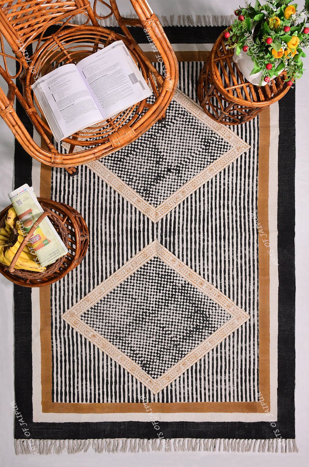 Handmade block printed cotton rug black brown rug Living room rug area rug