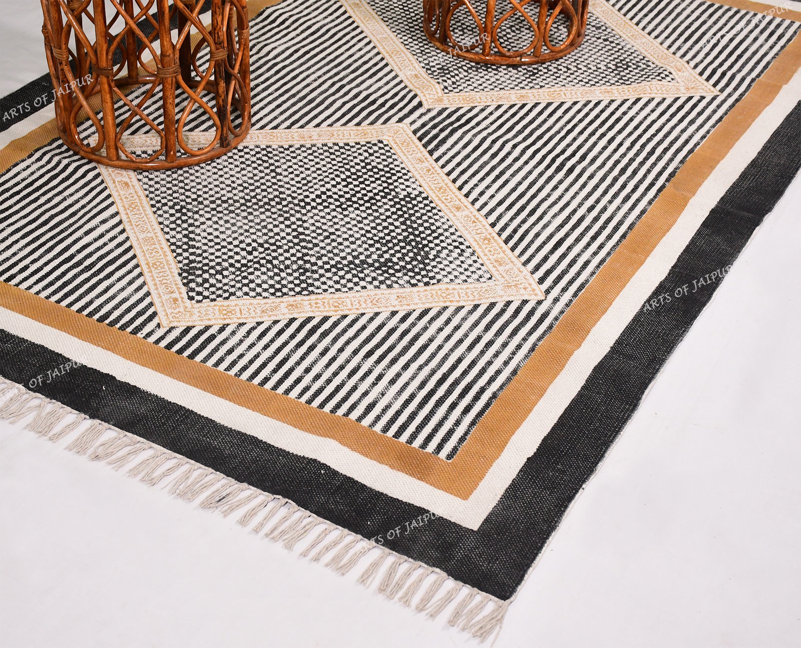 Handmade block printed cotton rug black brown rug Living room rug area rug - Image 2