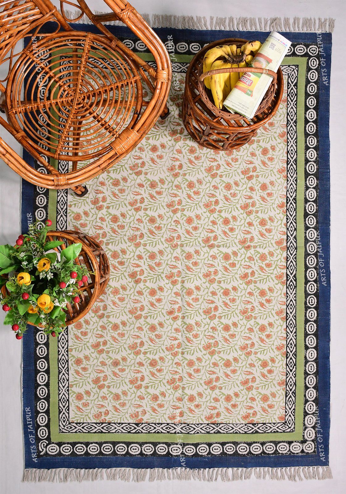 Handmade block printed cotton rug mulicolor rug living area rug area rug