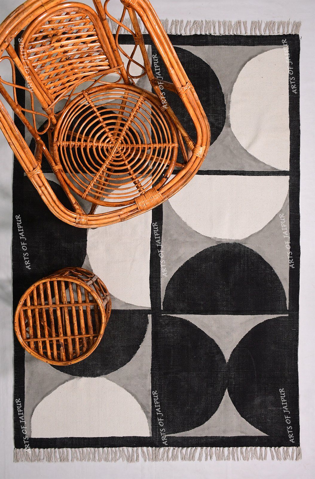 Handmade block printed cotton rug black white rug home decor rug dining area rug