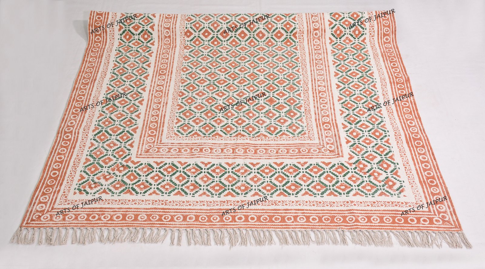 Handmade block printed cotton rug orange green rug flatewave rug stair runner rug - Image 4