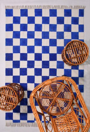 Blue white rug check pattern rug  cotton rug flatweave rug home décor rug