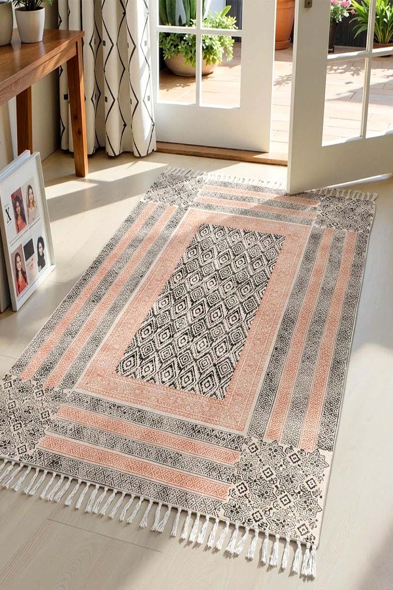 Elegant Hand Block Printed Geometric Rug - Image 2