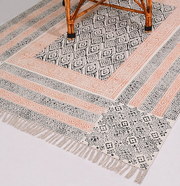 Indian cotton rug orange black rug bedroom rug living room rug square rug - Image 2