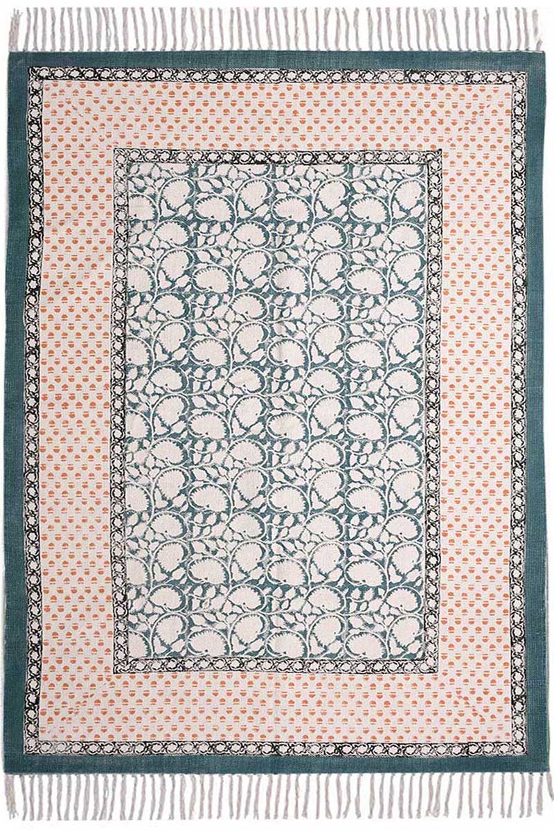 Floral Block Print Fringed Area Rug