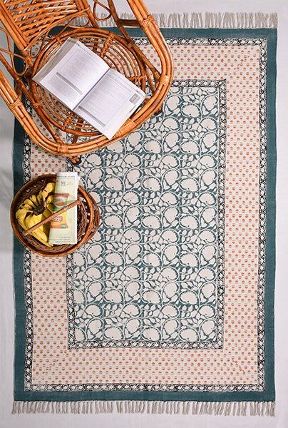 Block Print Rug Cotton Rug Kilim Cotton Rug Green Yellow Rug Floral Rug