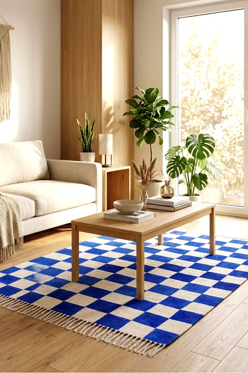 Hand Block Printed Cotton Blue Rug - Image 2