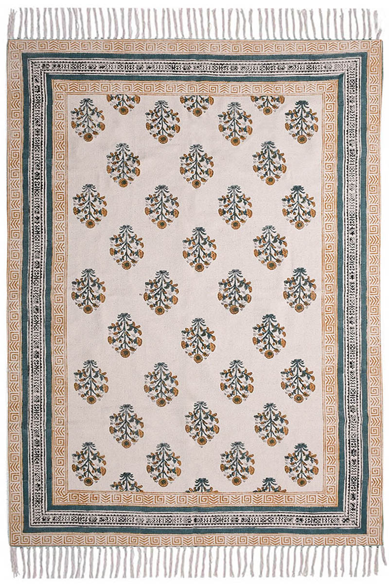 Hand Block Printed Yellow Cotton Rug