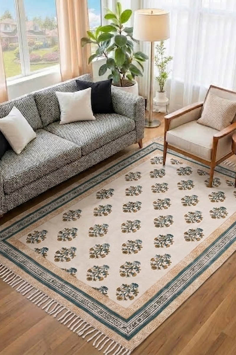 Hand Block Printed Yellow Cotton Rug - Image 2