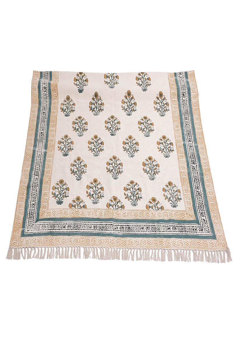 Hand Block Printed Yellow Cotton Rug - Image 4
