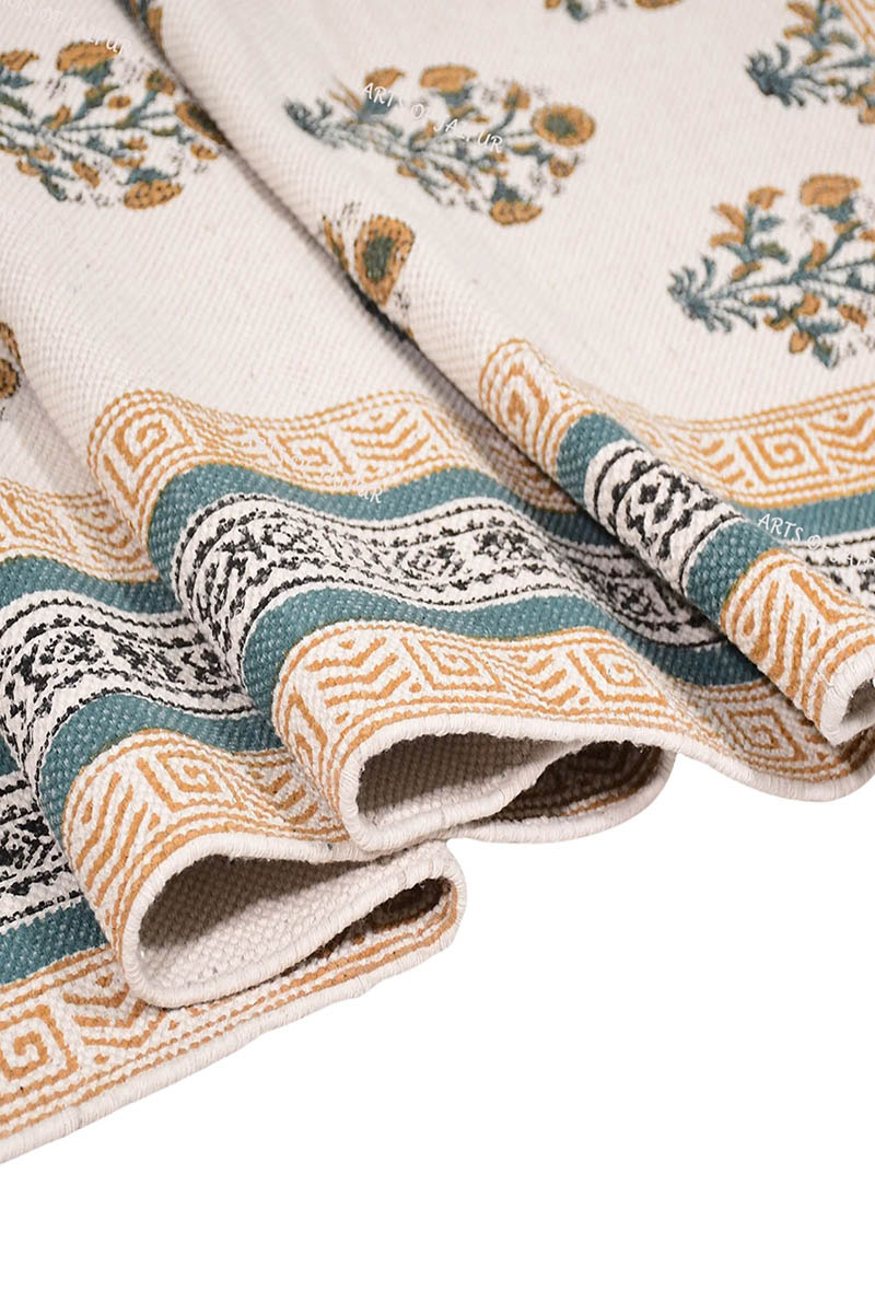 Hand Block Printed Yellow Cotton Rug - Image 5