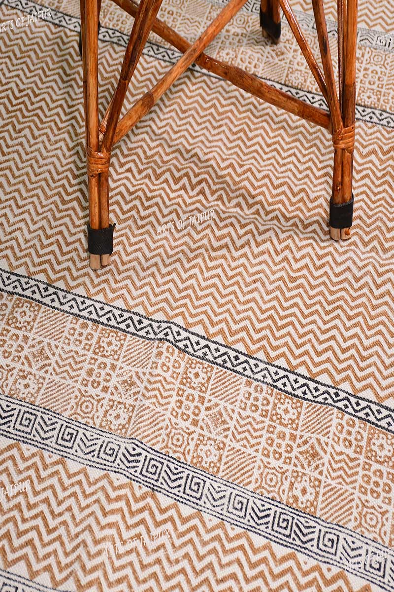 Hand Block Printed Brown Geometric Rug - Image 4