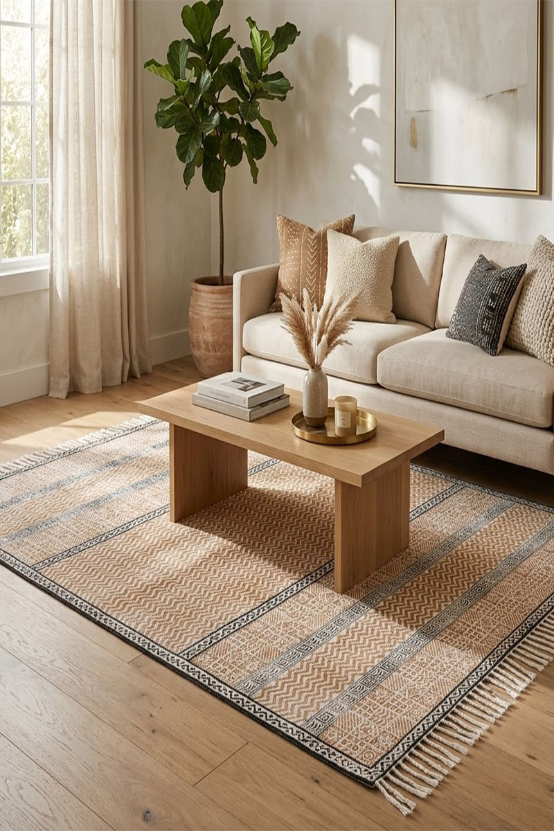 Hand Block Printed Brown Geometric Rug - Image 2