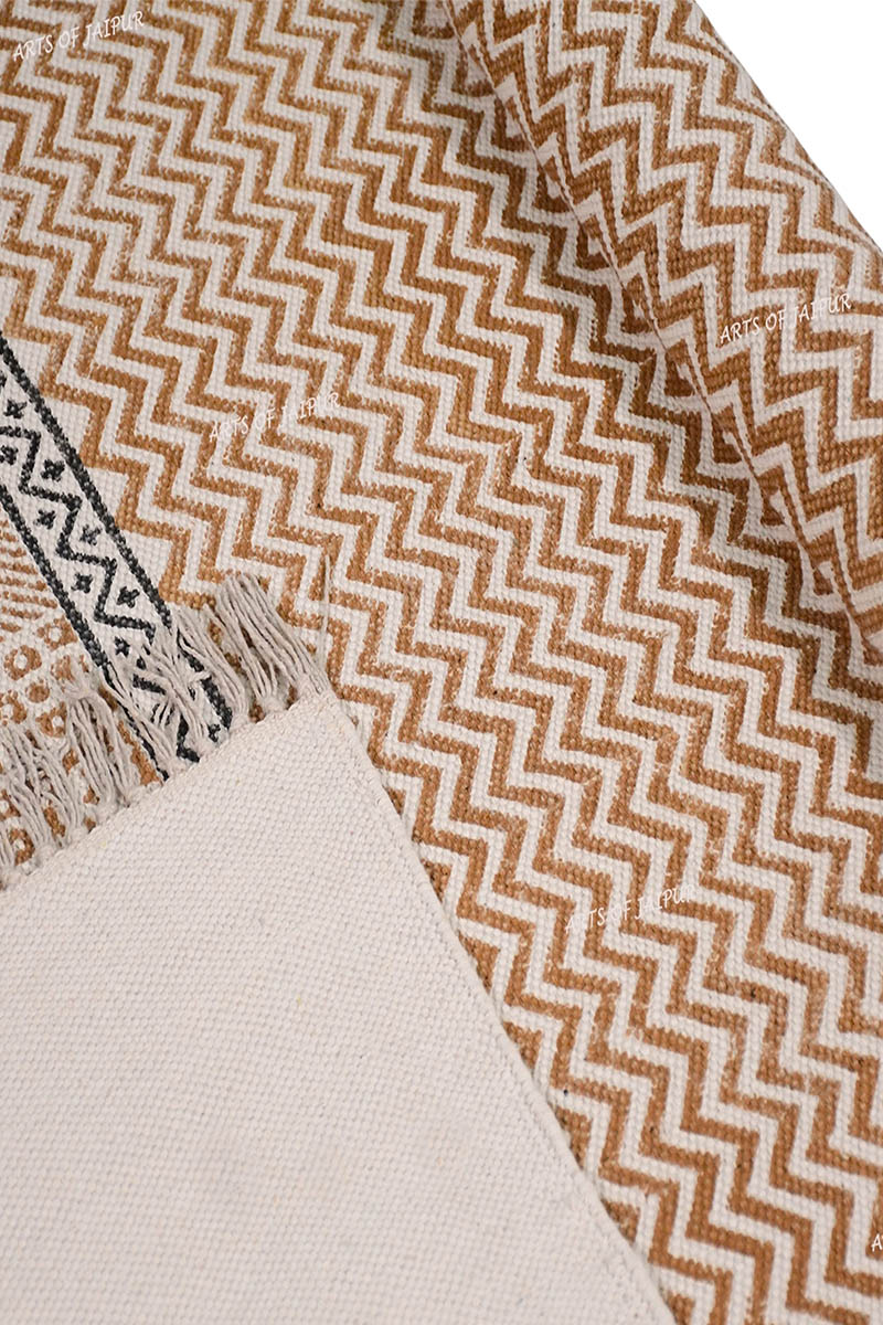 Hand Block Printed Brown Geometric Rug - Image 6