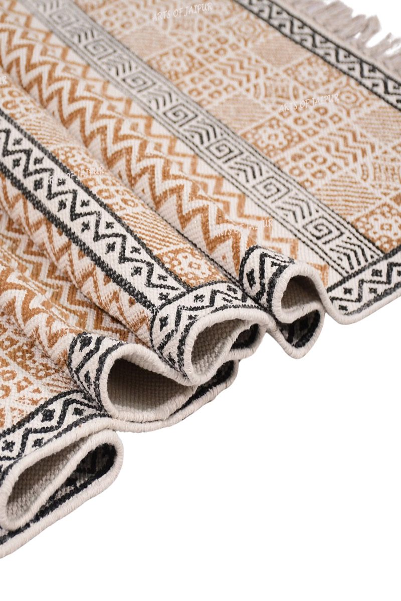 Hand Block Printed Brown Geometric Rug - Image 5