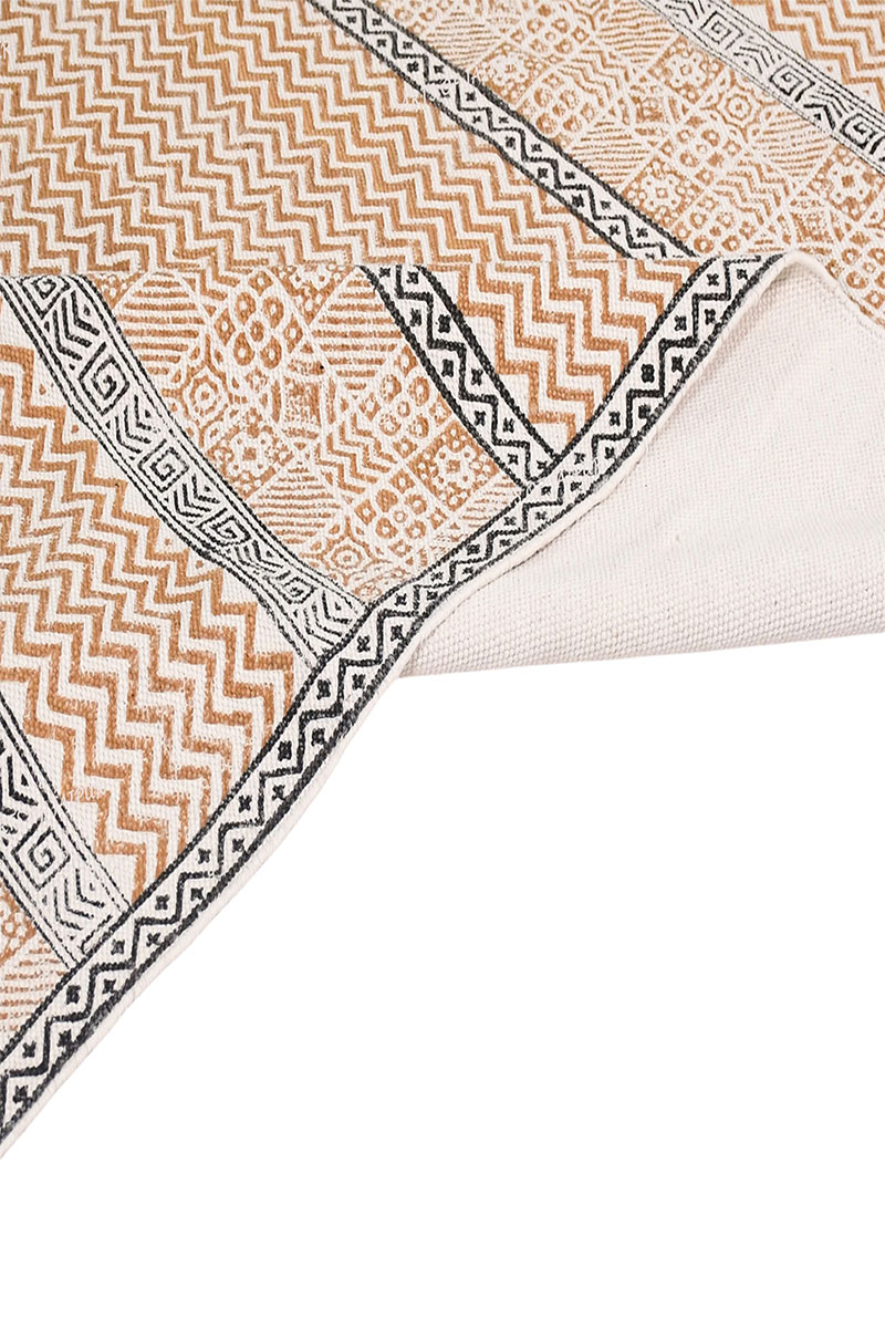 Hand Block Printed Brown Geometric Rug - Image 3
