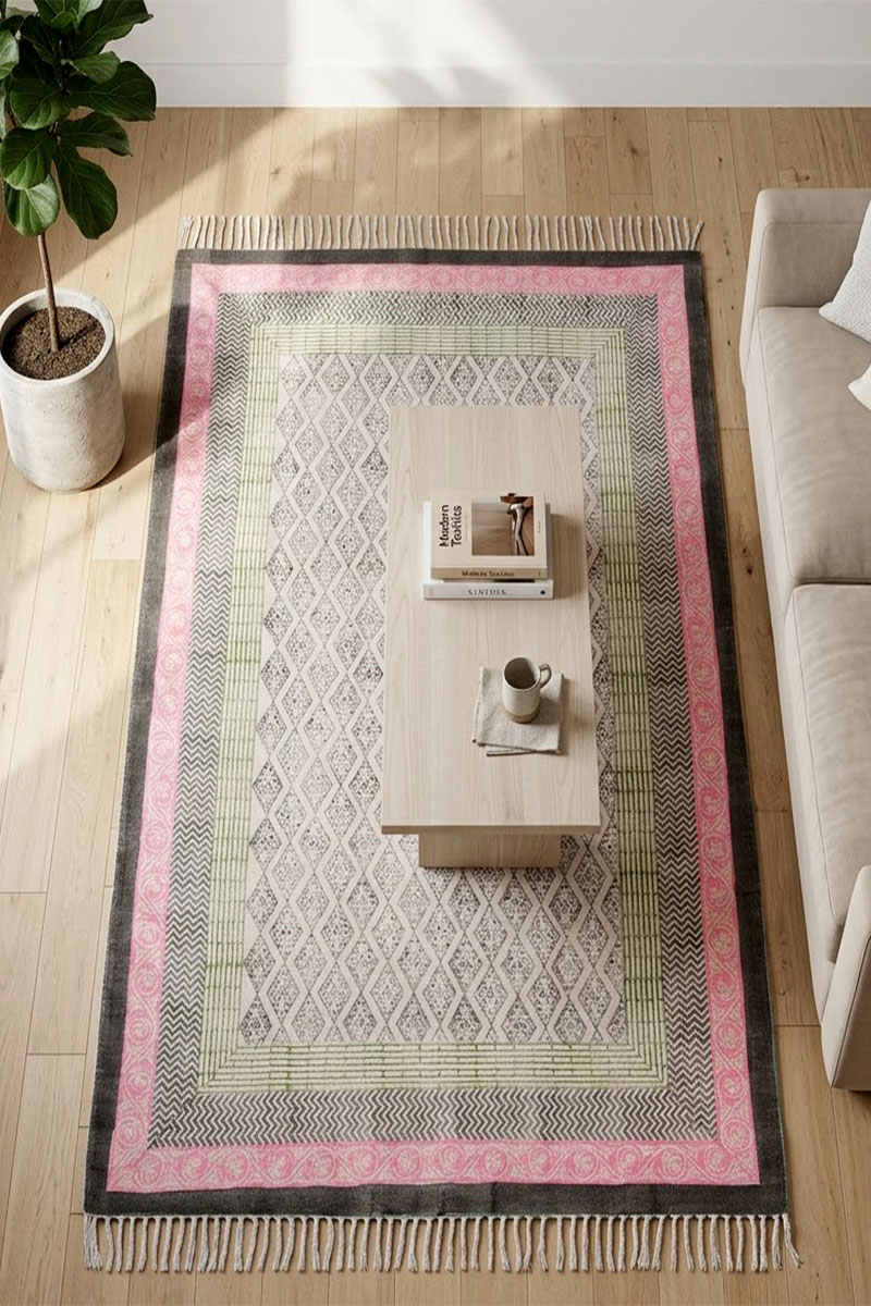 Handmade Cotton Rug Geometric Bedroom Dhurrie - Image 2
