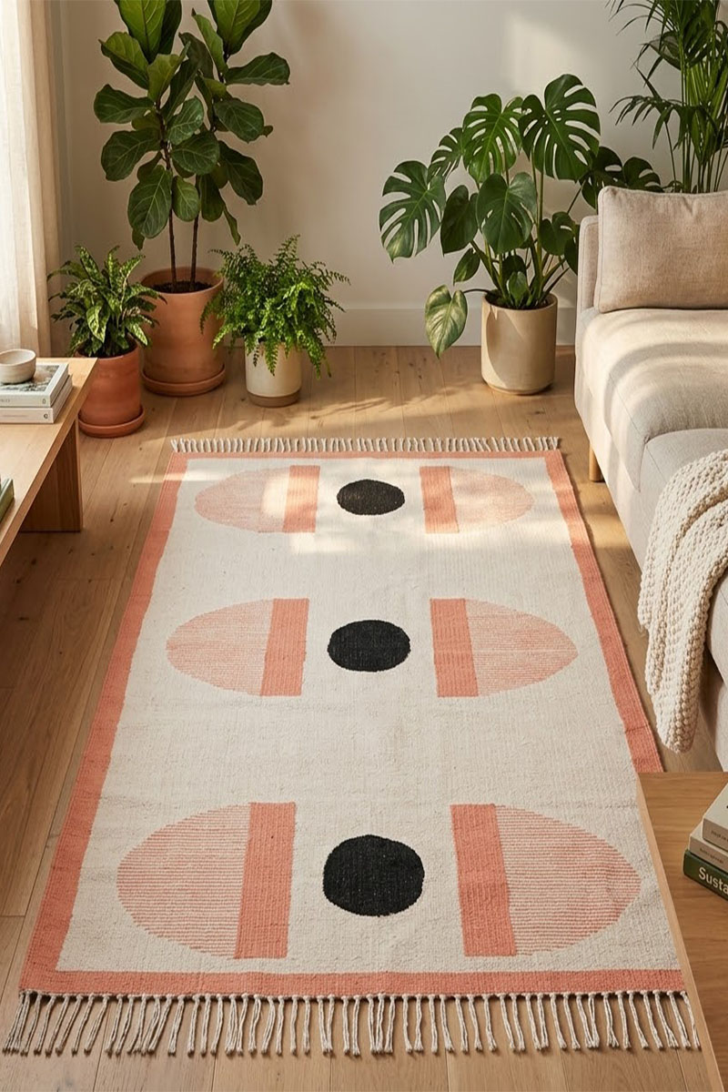 Vibrant Geometric Hand Block Printed Cotton Rug - Image 2
