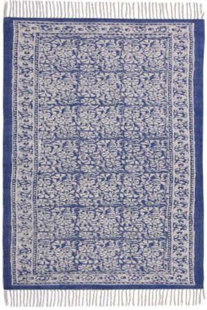 Gorgeous Blue Floral Hand-Block Printed Cotton 4x6 Rug