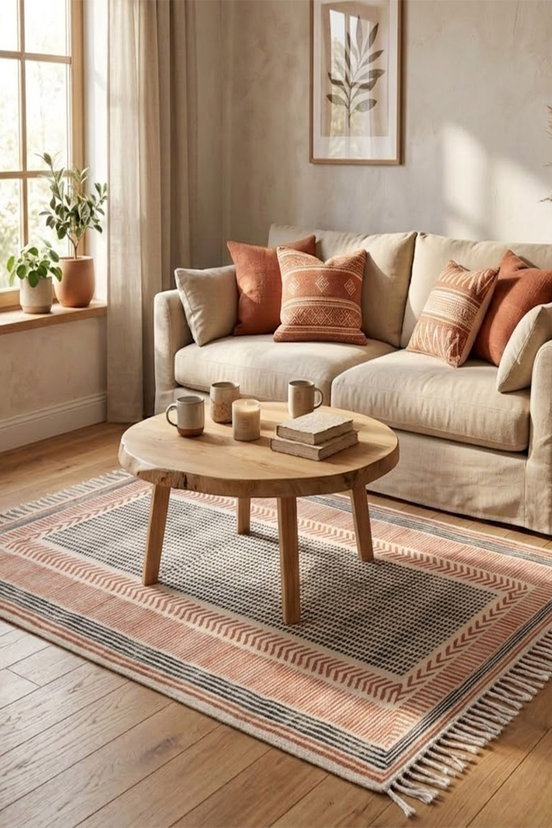 Hand Block Printed Cotton Area Rug - Modern Boho Geometric Dhurrie - Image 2